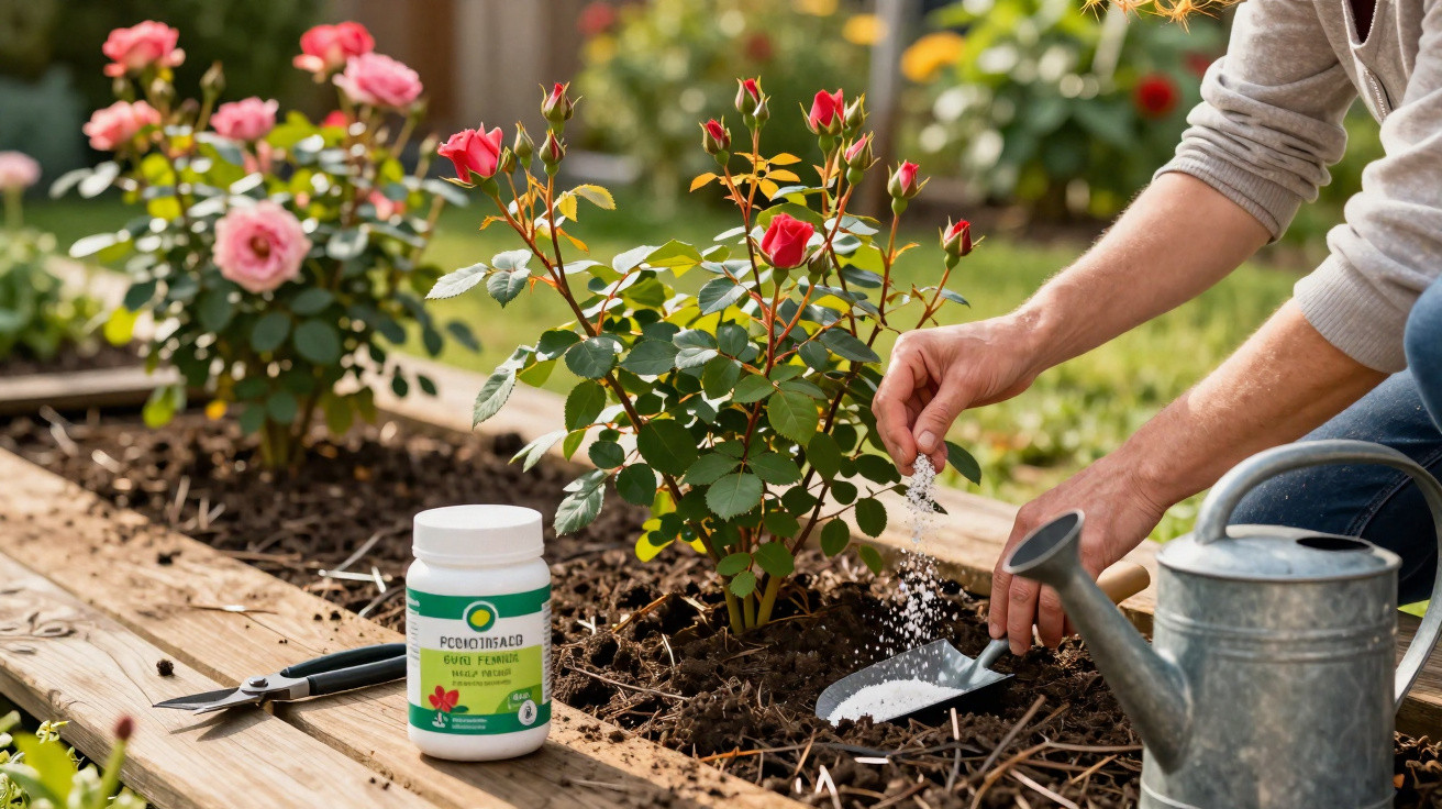 Pessoa aplicando fertilizante em roseira no jardim com ferramentas e regador ao lado.