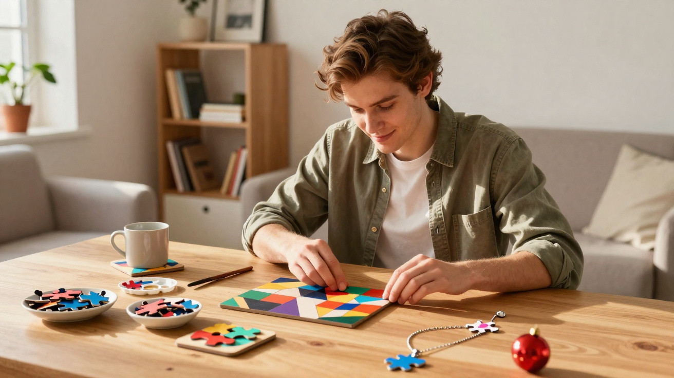 Homem jovem montando quebra-cabeça colorido em mesa de madeira em sala de estar iluminada.