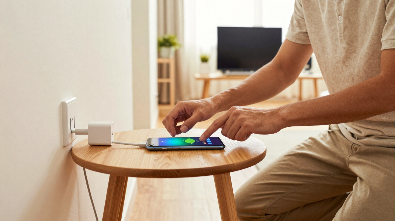 Pessoa controlando lâmpada inteligente pelo celular em mesa de madeira perto da parede com tomada.