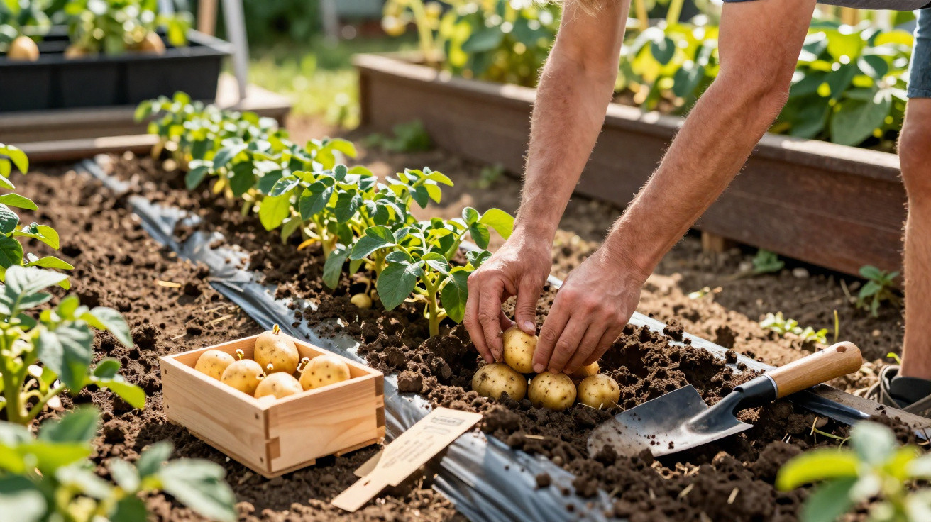 Mãos plantando batatas novas na terra de uma horta com muda e caixa de madeira ao lado.