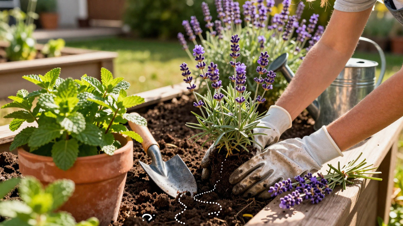 Pessoa plantando lavanda em canteiro de madeira com regador, pá e vaso ao redor em jardim ensolarado.