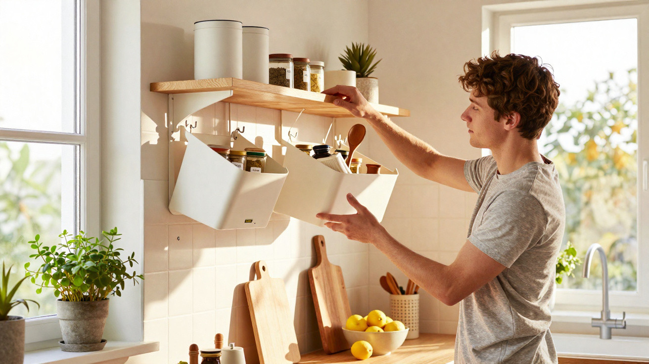 Homem organizando potes em prateleira de cozinha iluminada com plantas e frutas ao redor.