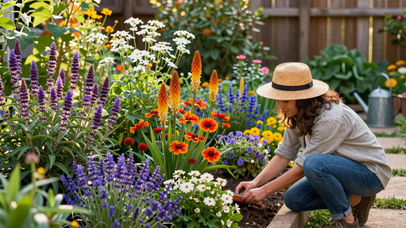 Mulher com chapéu cuidando de flores coloridas em um jardim ensolarado e cercado por madeira.