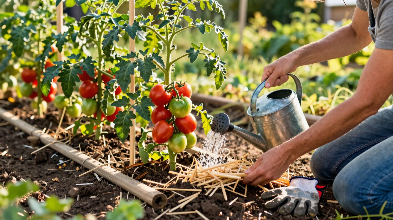 Pessoa regando plantas de tomate em hortaliça com regador metálico em jardim ensolarado.