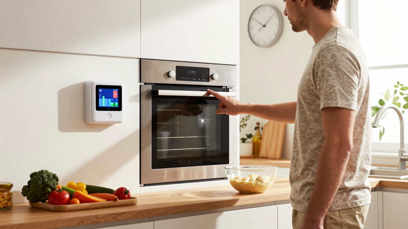 Homem usando forno embutido na cozinha moderna com legumes na bancada e painel digital na parede.