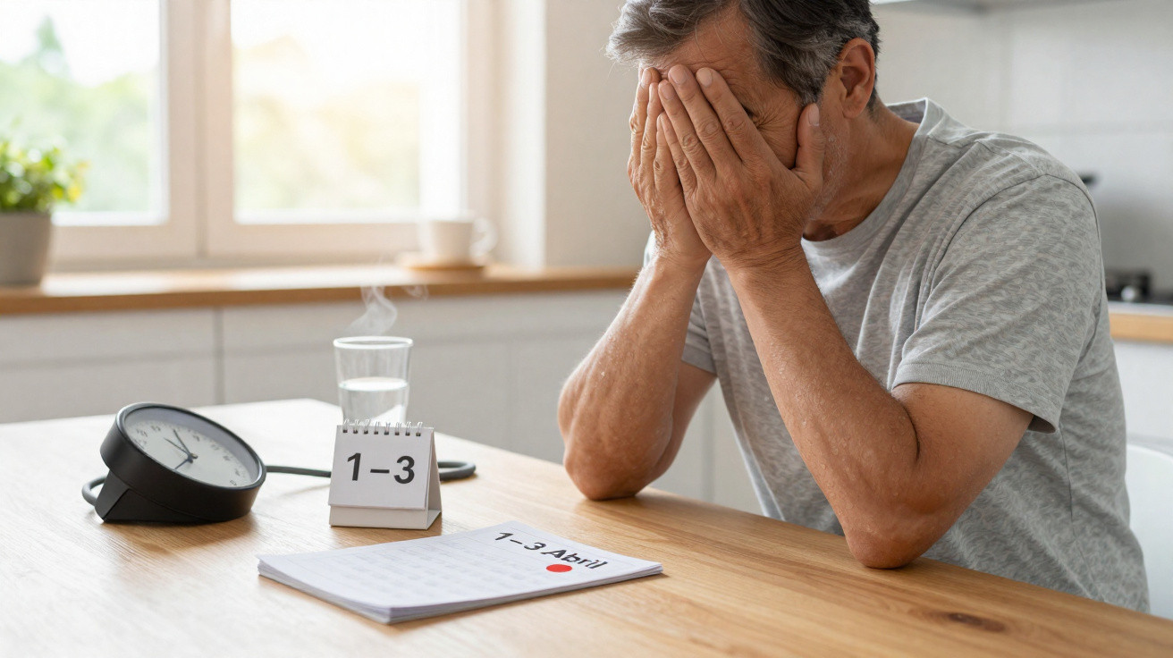 Homem triste com as mãos no rosto sentado em mesa com calendário e relógio em ambiente claro.