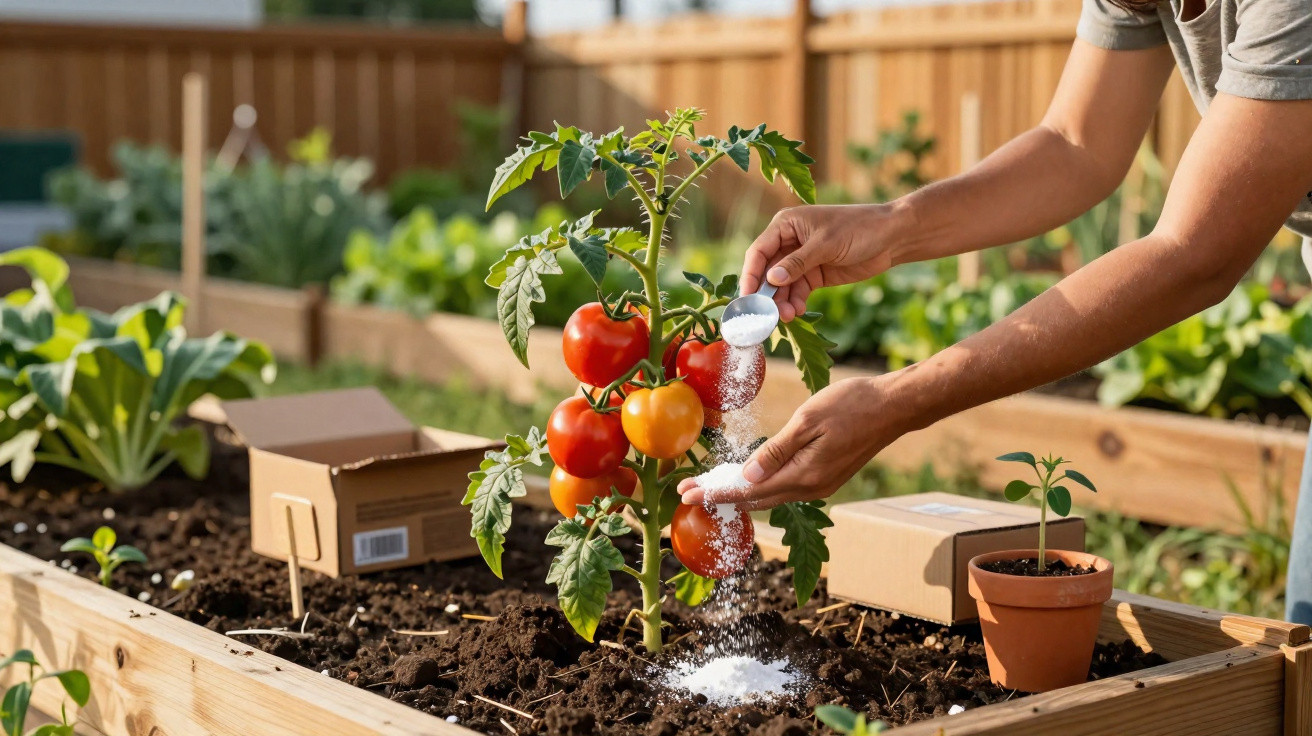 Pessoa aplicando fertilizante em planta de tomate com frutos vermelhos em hortaliça elevada de madeira.