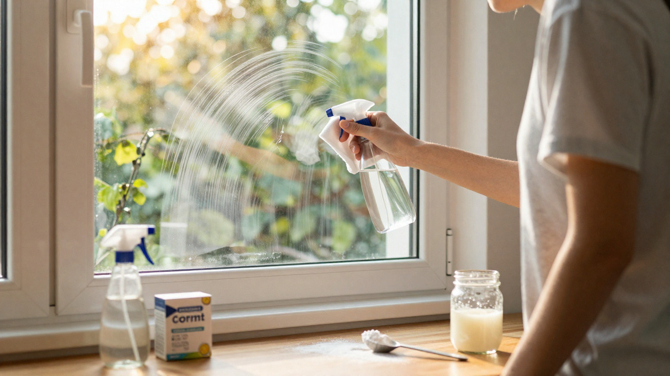 Pessoa borrifando produto de limpeza em janela com borrifador transparente, ao lado de frasco e caixa sobre bancada.