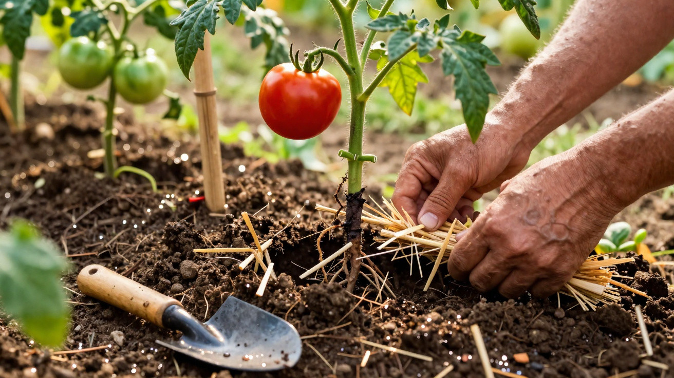 Mãos cuidando de planta de tomate no solo com palha, tomate maduro e ferramentas de jardinagem ao redor.