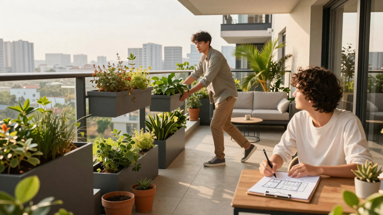 Dois jovens em uma varanda com plantas, um regando e o outro desenhando plantas em uma mesa.