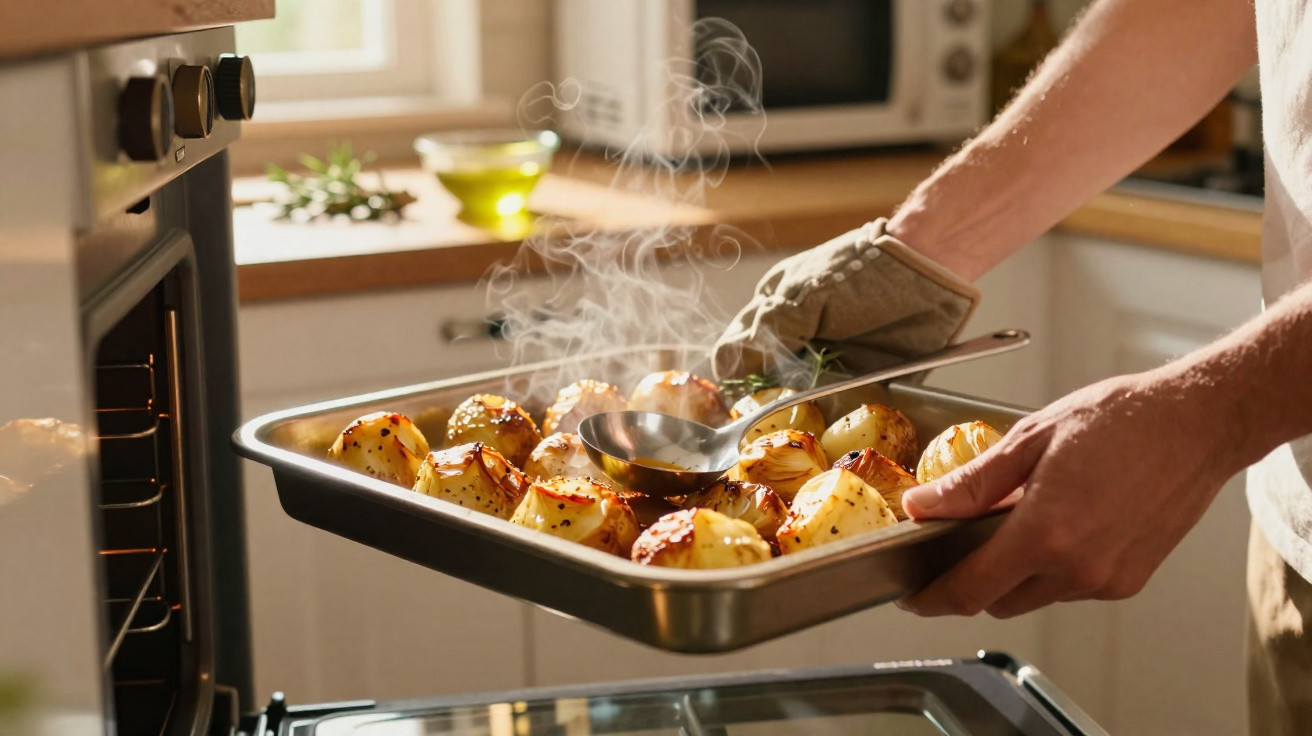 Pessoa tirando assadeira com batatas assadas e quentes do forno em cozinha iluminada pela manhã.