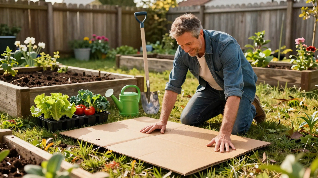 Homem ajoelhado preparando solo no jardim com ferramentas e vegetais ao redor em canteiros elevados.