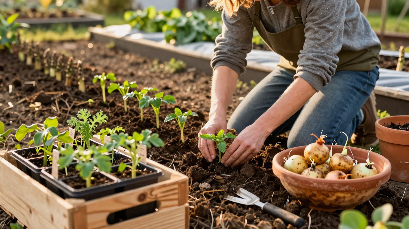 Pessoa plantando mudas em canteiro de terra com utensílios e bowl de batatas ao lado em horta caseira.