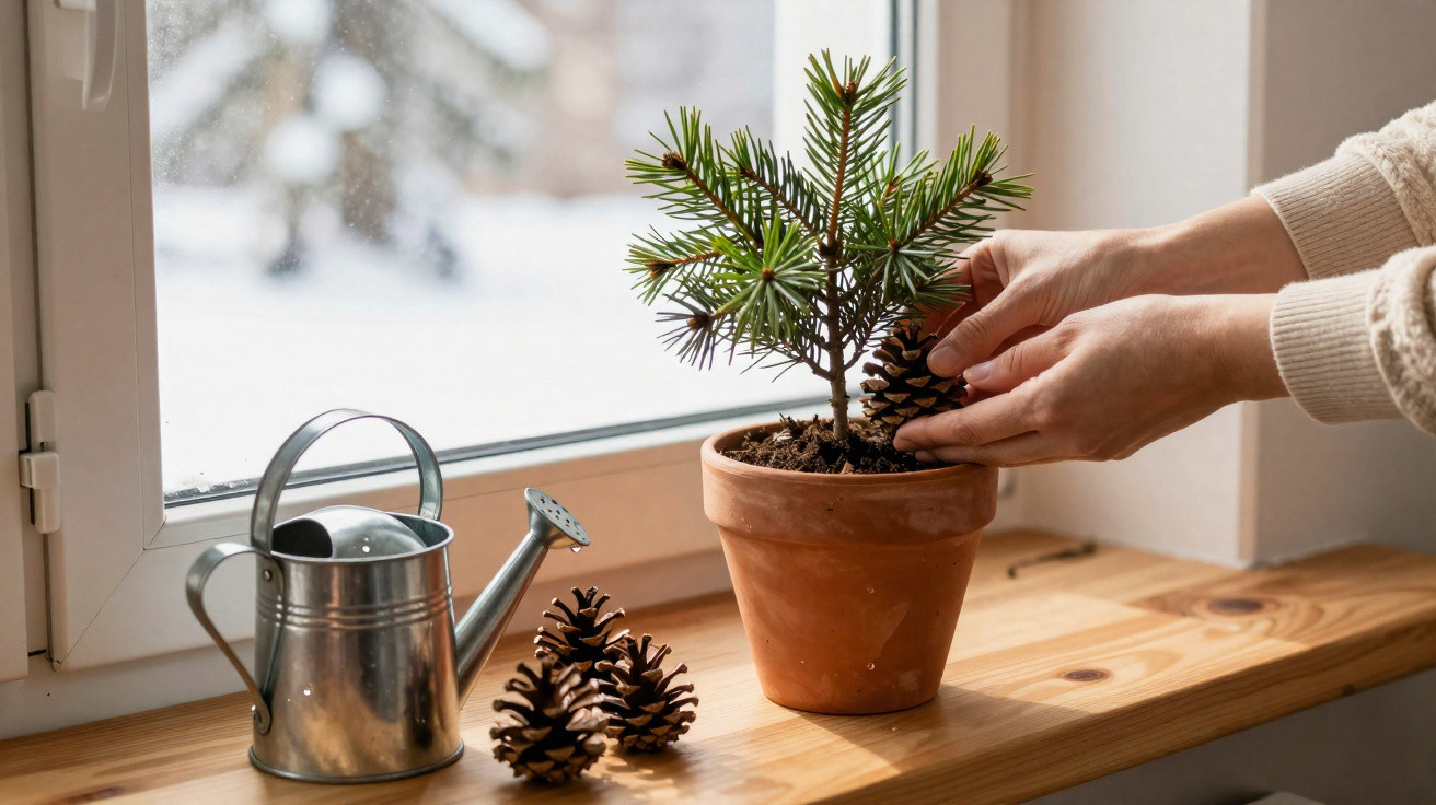 Mãos decorando muda de pinheiro em vaso de barro, regador metálico e pinhas sobre parapeito de janela com neve.