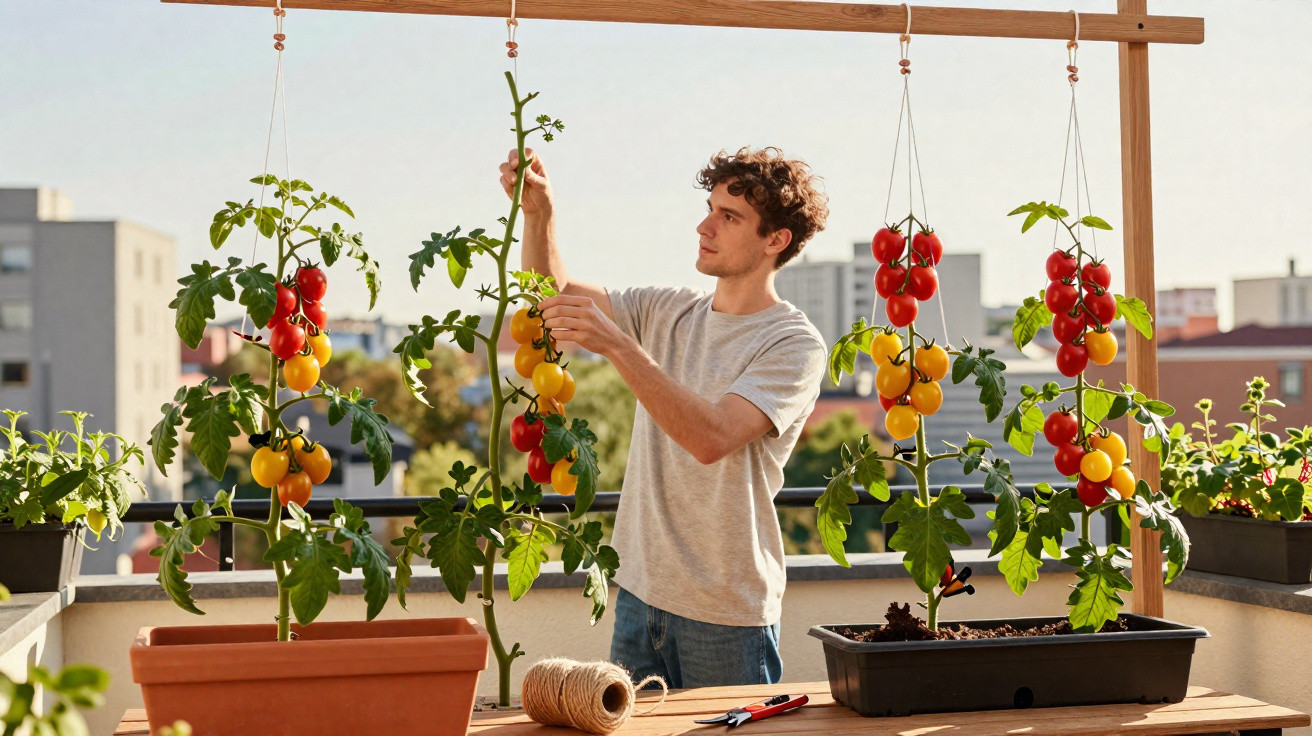 Homem cuidadoso cuidando de tomates amarelos e vermelhos em jardim suspenso em varanda.