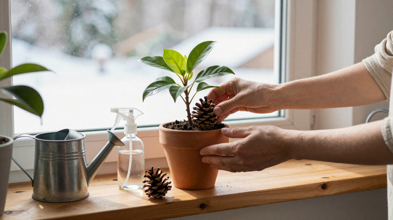 Mãos seguram pinha e vaso com planta ao lado de regador e borrifador em pé de janela.