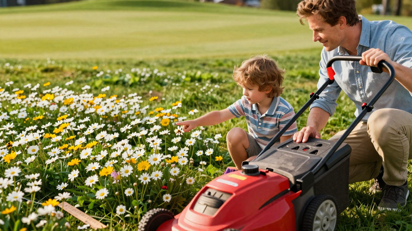 Pai e filho mexem em flores ao lado de cortador de grama vermelho em jardim ensolarado.