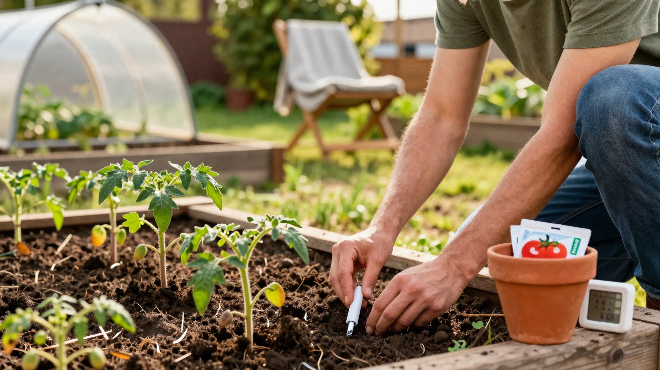 Pessoa plantando sementes em canteiro de jardim com mudas de tomate e pacote de sementes ao lado.