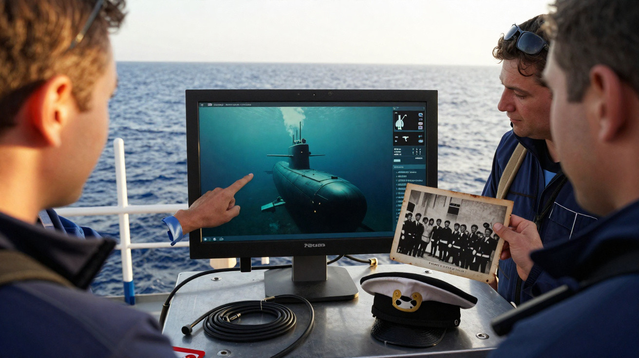 Três homens em uniforme naval analisam imagem de submarino em monitor, com mar ao fundo e foto antiga na mão.