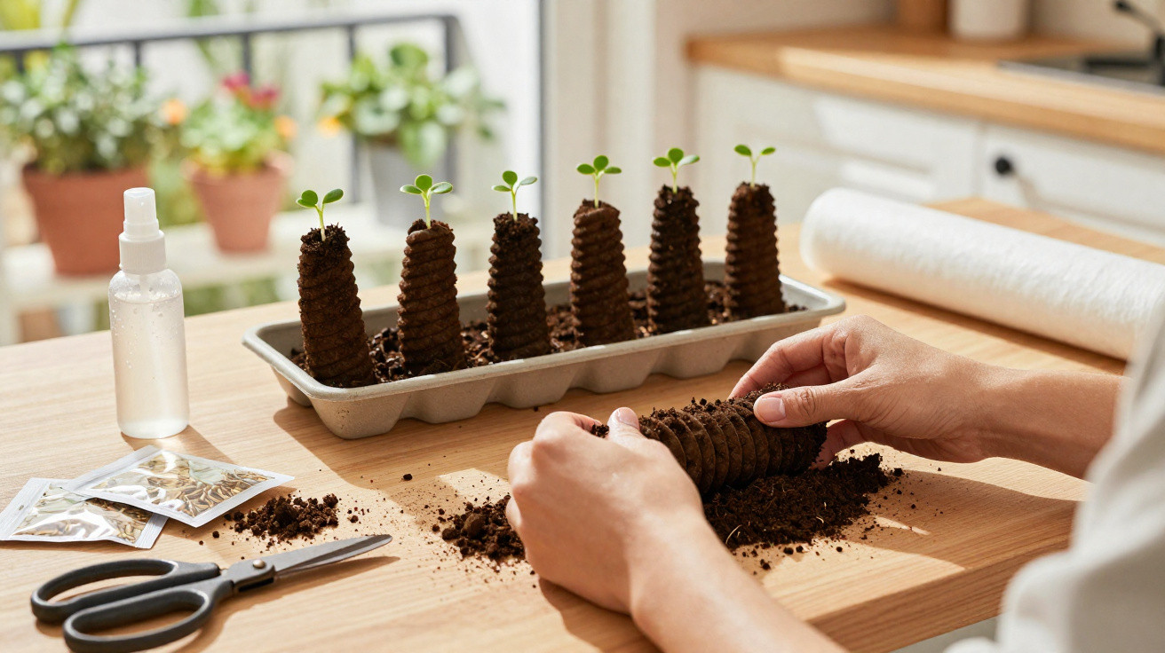 Mãos preparando mudas em formato cilíndrico com terra, sementes, tesoura e borrifador sobre mesa de madeira.