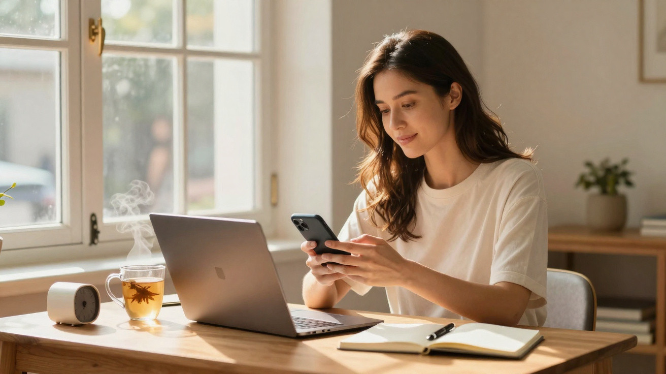 Mulher usando smartphone sentada à mesa com laptop, caderno e chá quente perto da janela.