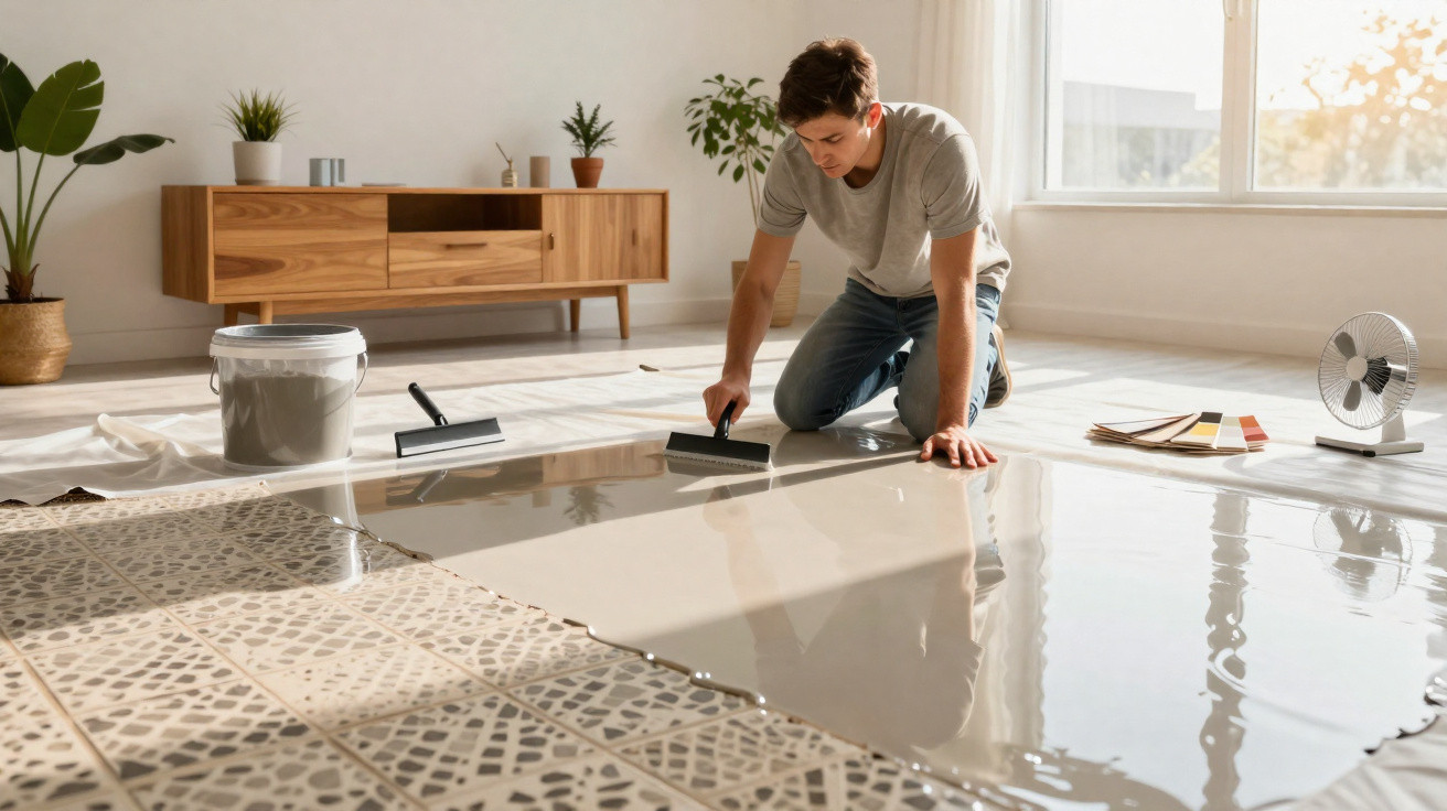 Homem aplicando resina epóxi transparente em piso de azulejos numa sala iluminada.