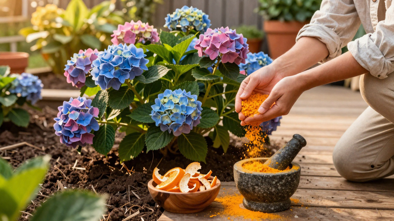 Pessoa aplicando fertilizante natural em hortênsias coloridas em jardim com potes de casca de laranja e almofariz.