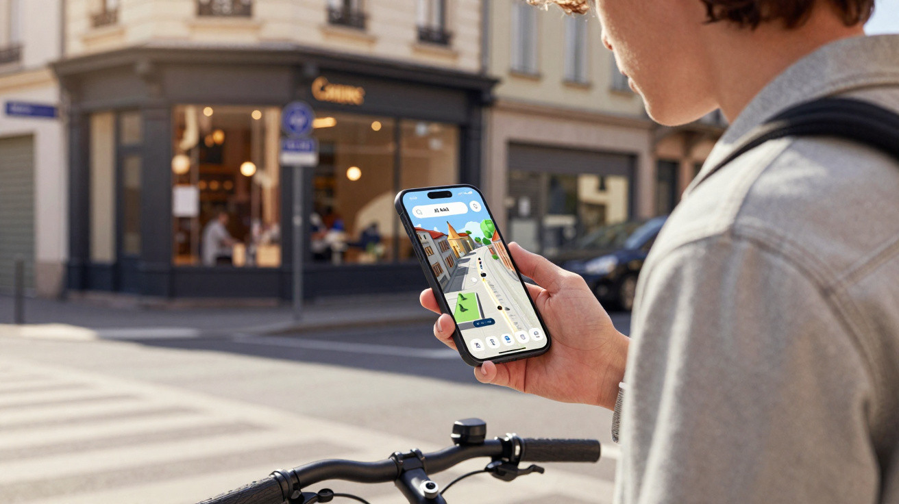Pessoa usando aplicativo de navegação em smartphone enquanto está com uma bicicleta na rua da cidade.