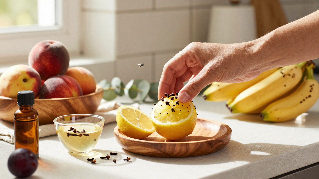 Mão espeta cravos em limão dividido em prato de madeira, frutas e óleo em bancada de cozinha iluminada.