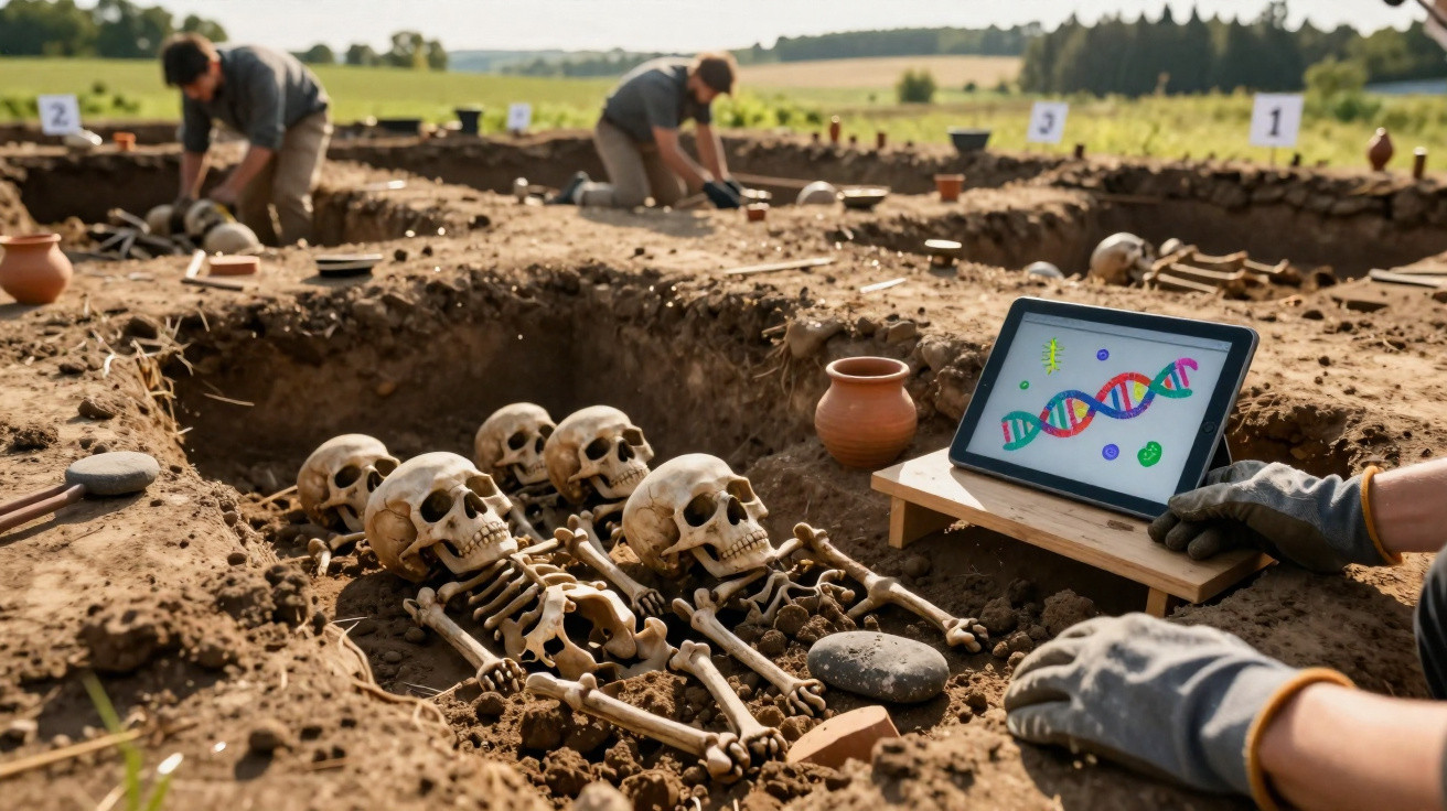Escavação arqueológica com esqueletos humanos e tablet mostrando análise de DNA no campo aberto.