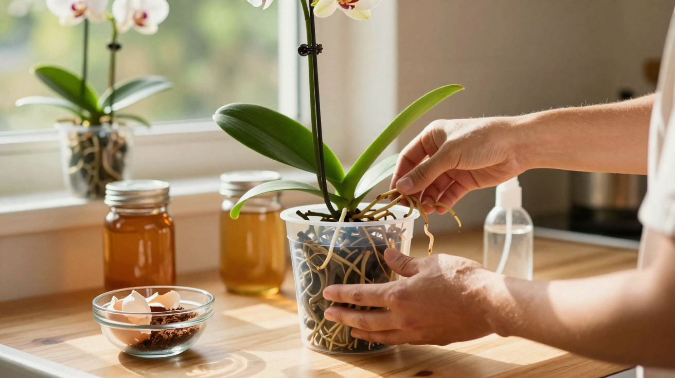 Mãos cuidando das raízes de uma orquídea em vaso transparente sobre mesa de madeira.