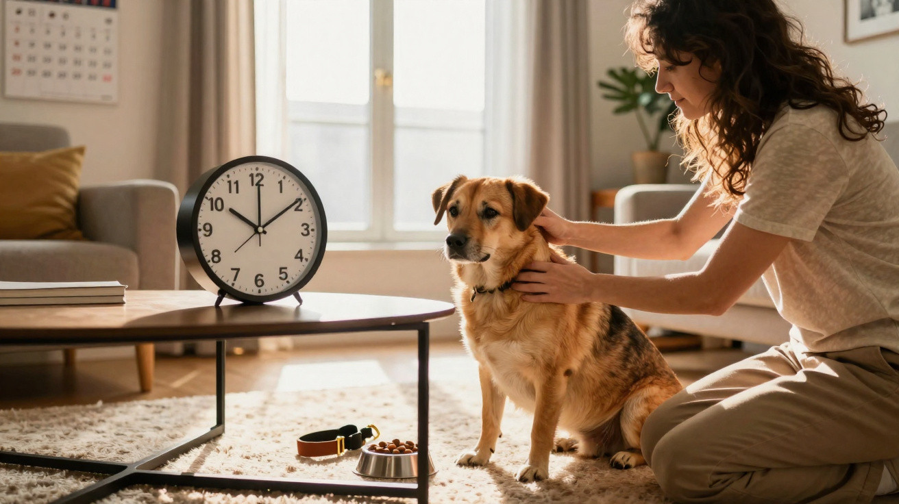 Mulher acariciando cachorro ao lado de mesa com relógio, coleira e tigela de ração em sala iluminada.