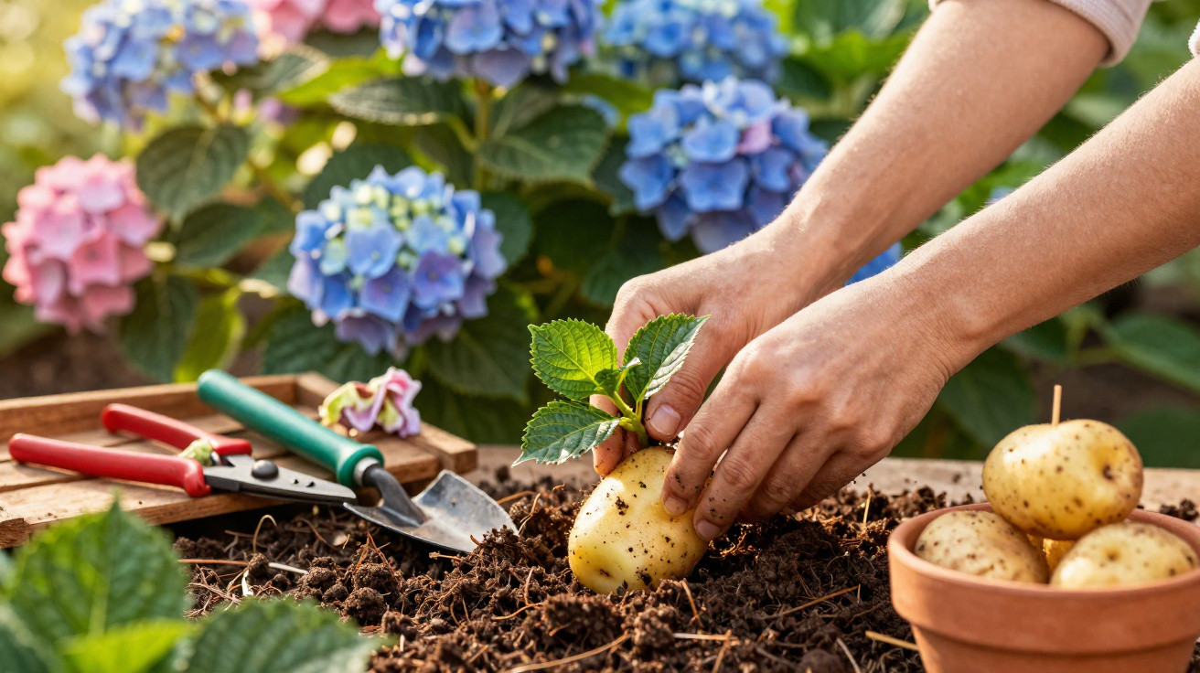 Mãos plantando batata com folhas verdes no solo, ao lado de ferramentas de jardinagem e flores coloridas.