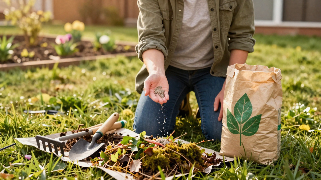 Pessoa sem rosto semeando adubo orgânico em jardim com ferramentas e saco ao lado sobre grama verde.