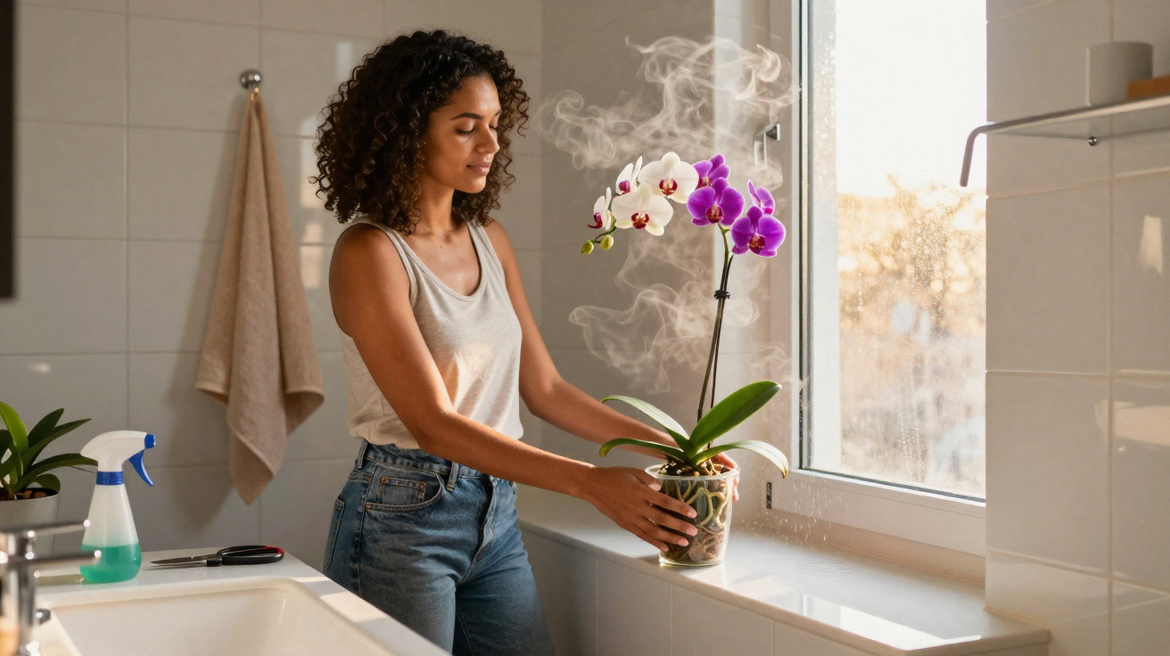 Mulher cuidando de orquídea com vapor ao lado de janela em banheiro bem iluminado.