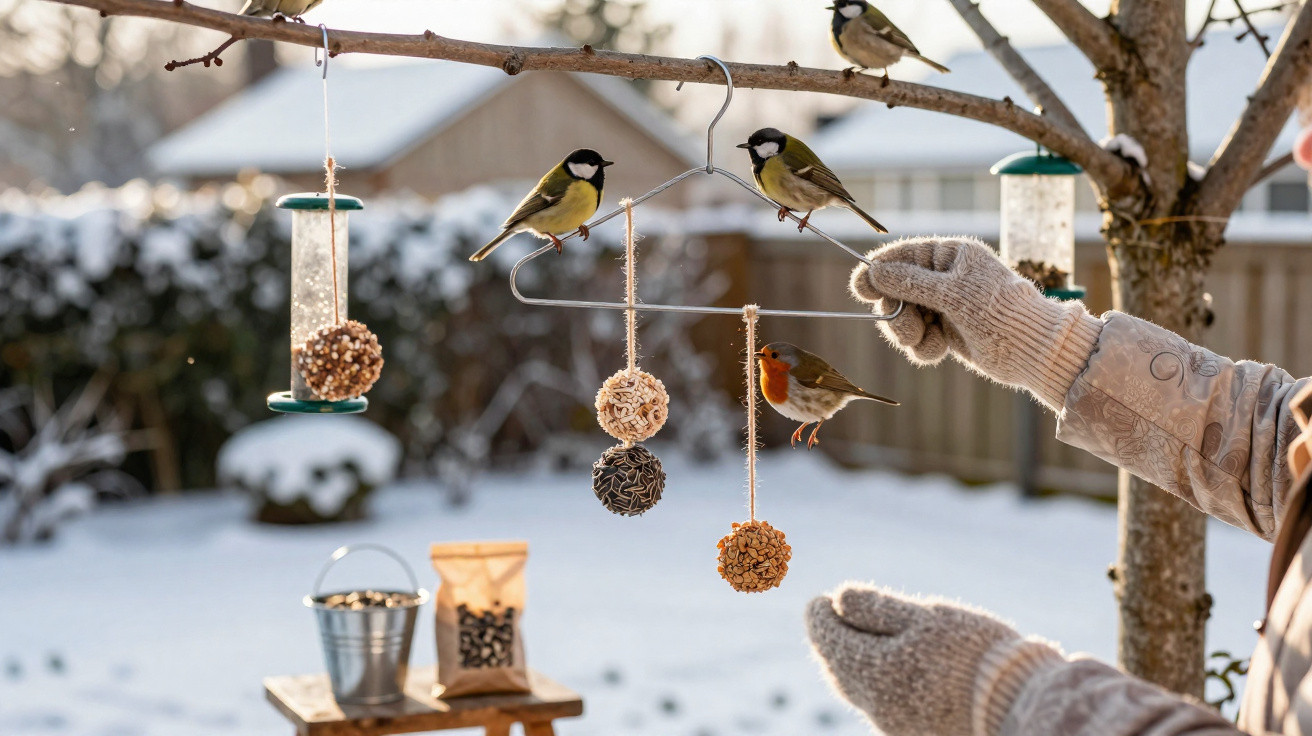 Pássaros alimentando-se em comedouros pendurados em galho de árvore durante inverno com neve.