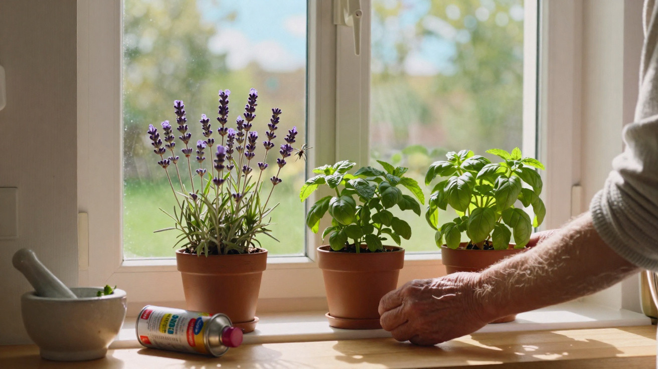 Mãos ajeitando vasos de planta com lavanda e manjericão em um parapeito ensolarado de janela.