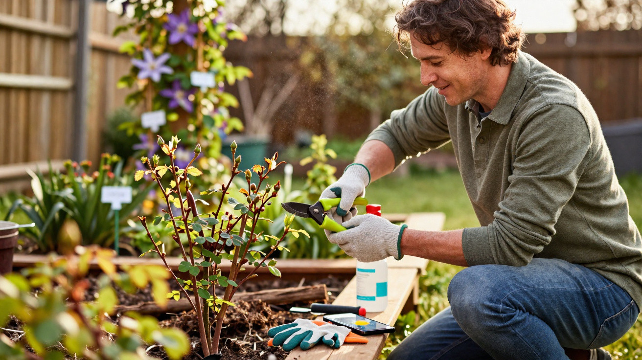Homem cuidando de plantas em jardim, podando galhos com tesoura de poda e usando luvas.