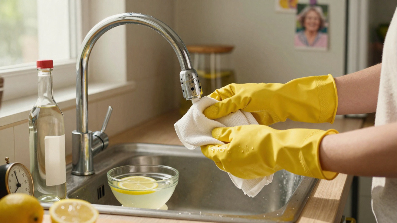 Pessoa com luvas amarelas lavando pano branco na pia da cozinha com limão e recipiente de água ao lado.