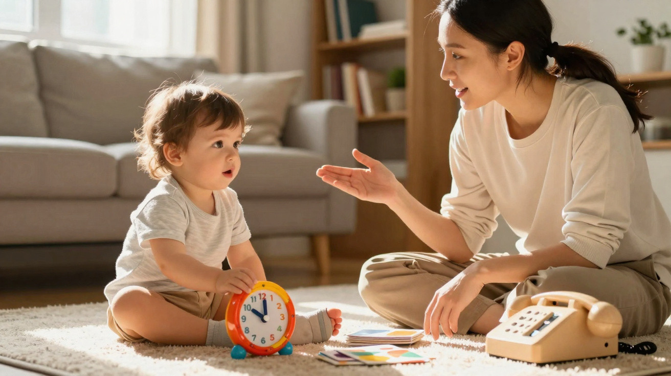 Mulher e criança sentados no chão brincam com brinquedos e ensinam as horas em um relógio colorido.