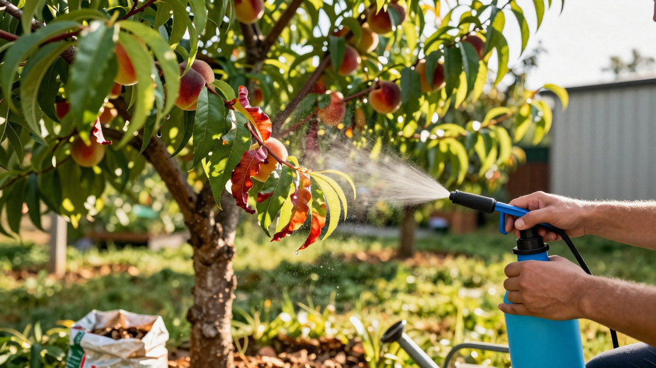 Pessoa borrifando pesticida em árvore de pêssego com frutos maduros e folhas verdes no pomar.