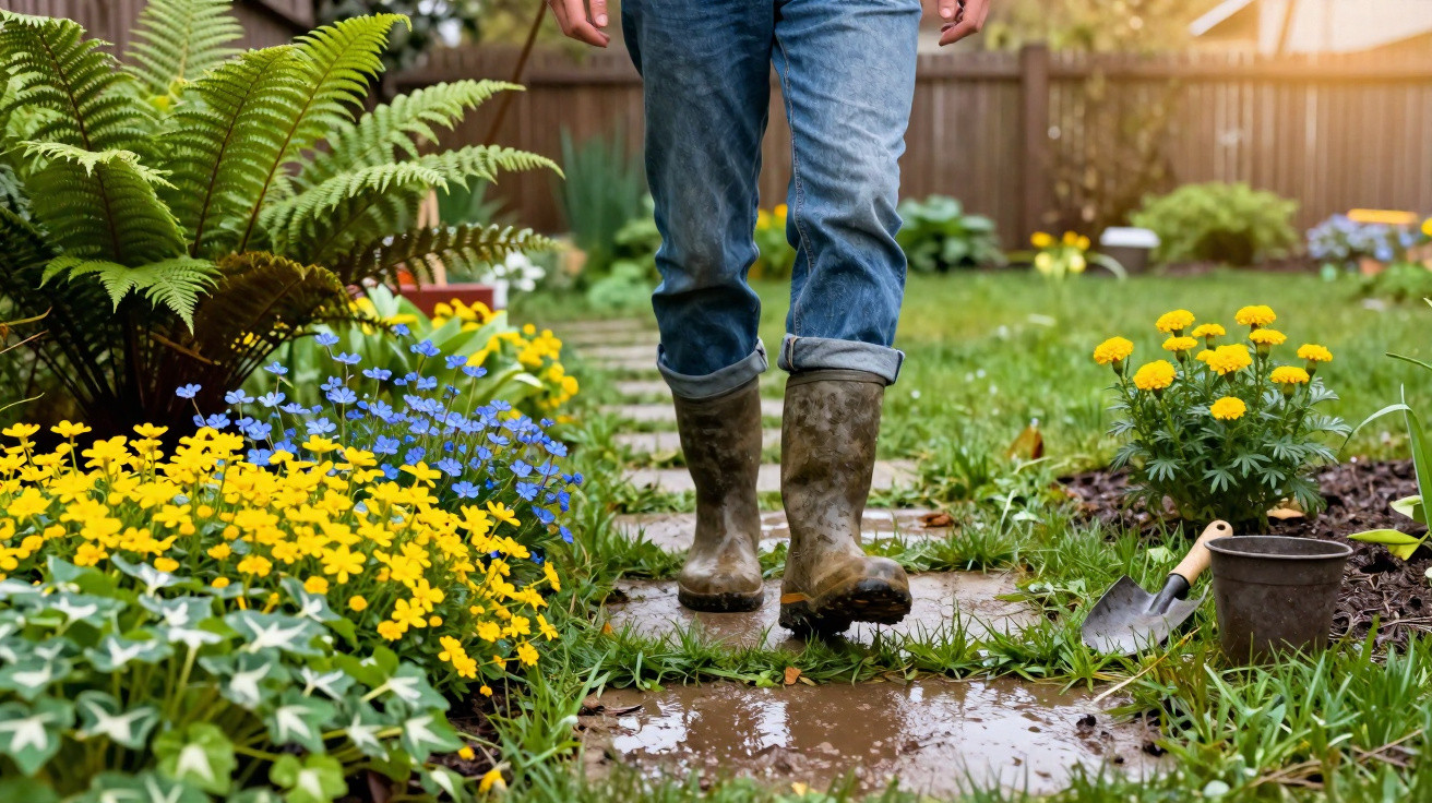 Pessoa com botas de borracha caminhando em jardim florido após chuva, com plantas e ferramentas de jardinagem.