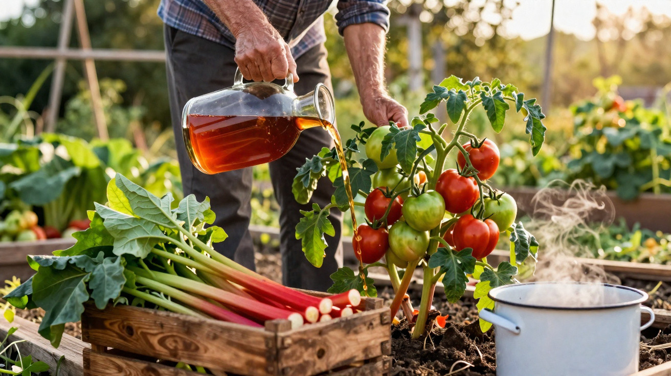 Pessoa regando planta de tomate com regador transparente em horta com caixa de legumes e panela ao lado.