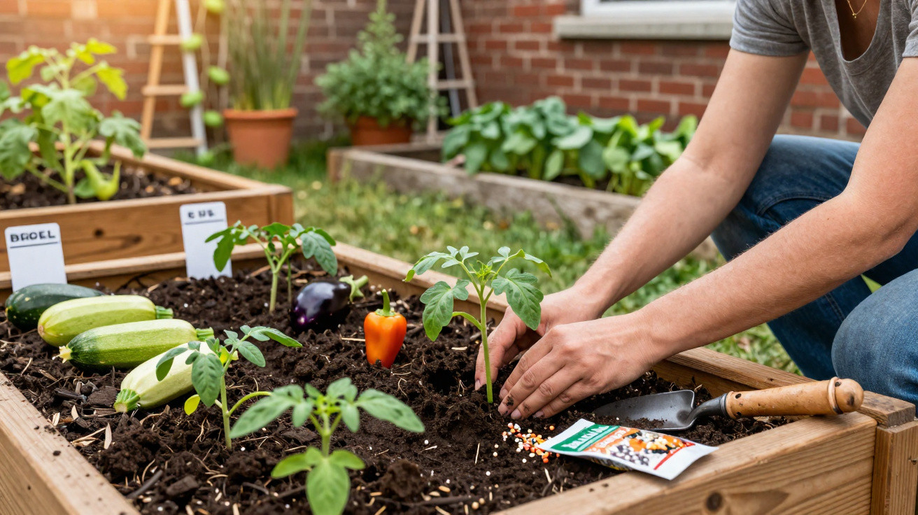 Pessoa plantando mudas em canteiro de madeira com legumes e sementes em jardim residencial.
