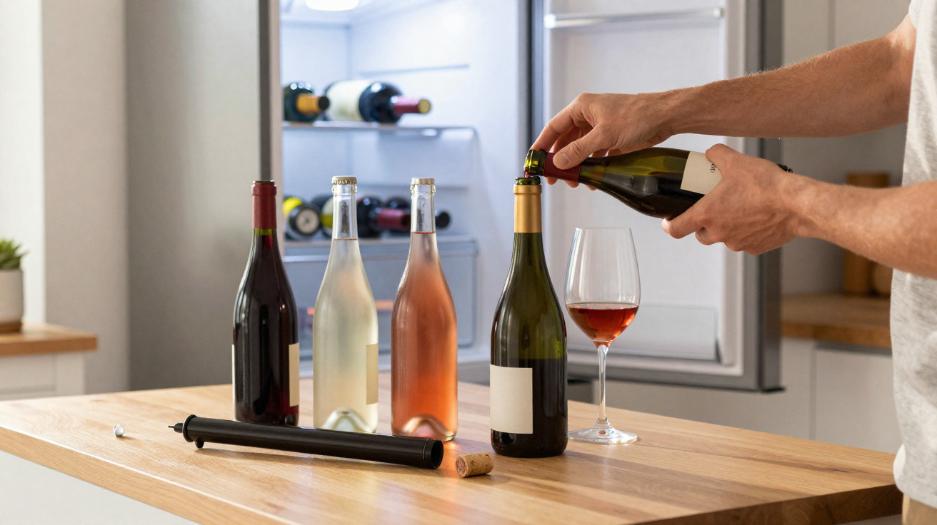 Pessoa abrindo garrafa de vinho tinto na cozinha com quatro garrafas na bancada à frente.