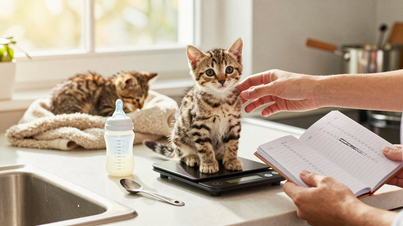 Dois gatinhos em uma cozinha; um está sobre balança digital e outro sobre toalha com mamadeira ao lado.