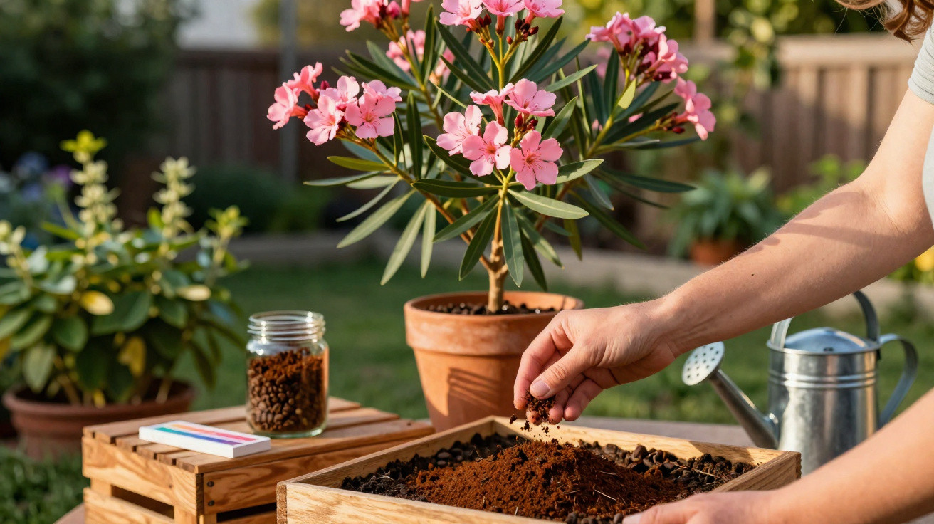 Pessoa preparando adubo orgânico em vaso de madeira com planta florida rosa no jardim.