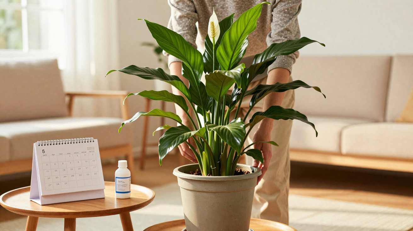 Pessoa cuidando de planta em vaso em sala de estar com sofá, calendário e frasco na mesa de madeira.