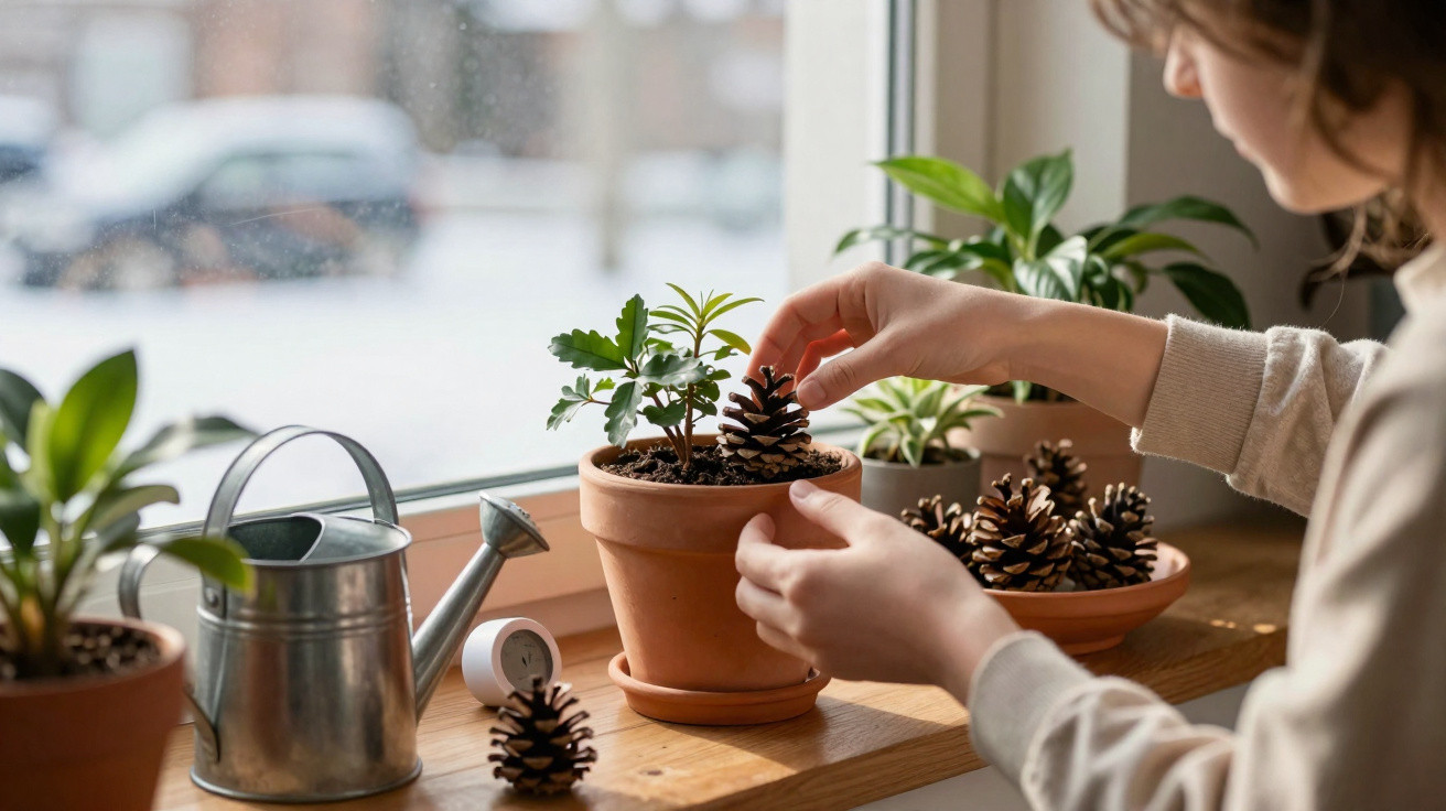Pessoa colocando pinha em vaso com planta, ao lado de regador e outras plantas em peitoris de janela.