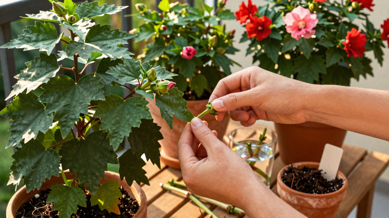 Mãos podando flores vermelhas e rosas em vasos de plantas sobre mesa de madeira.